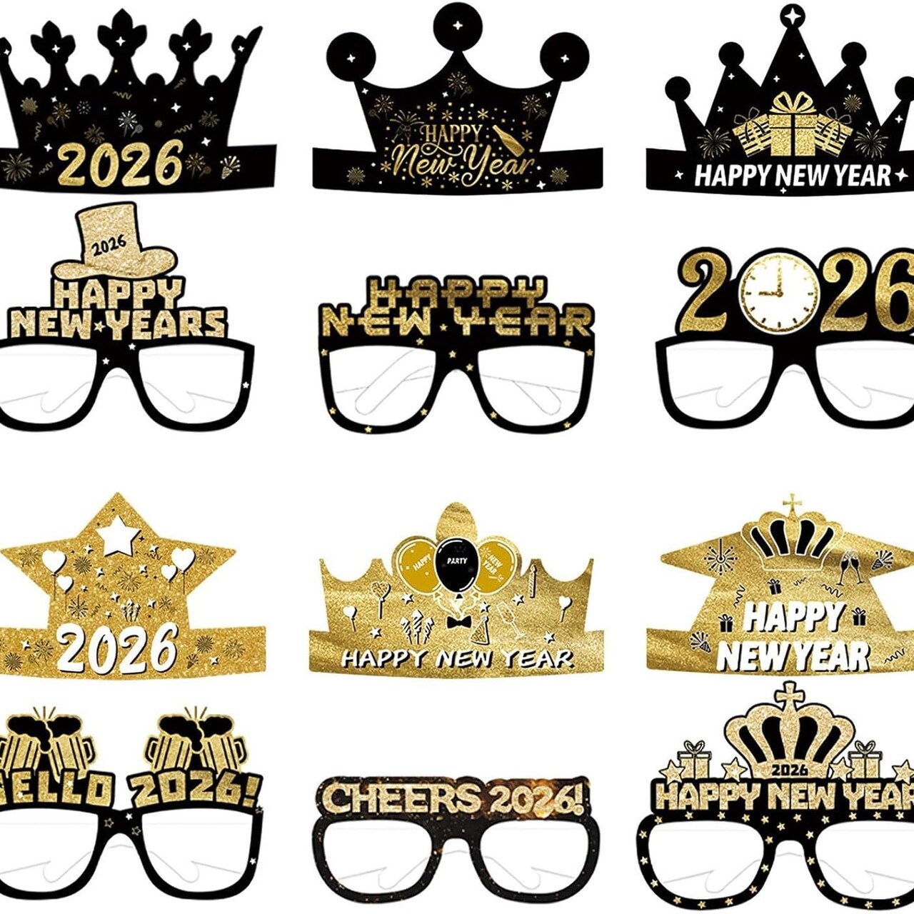 Edge Collections -Gold-New Year's Photo Booth Props Set for Fun Selfies-6 pcs